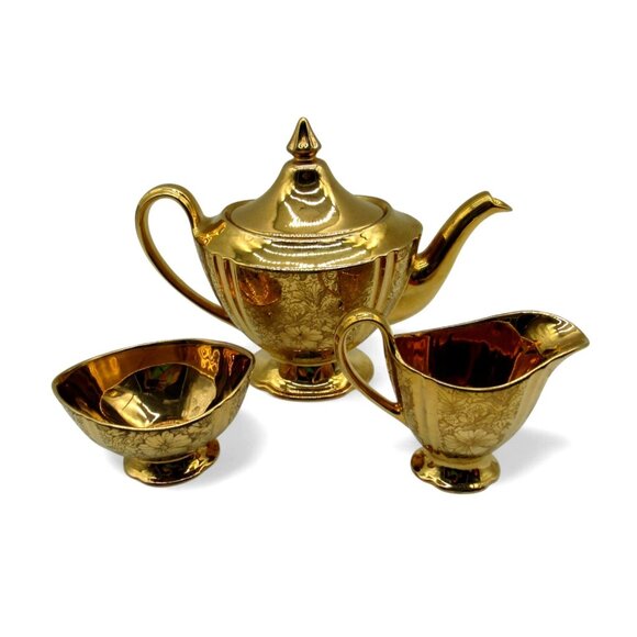 ROYAL WINTON Grimwades Gold Teapot Creamer and Sugar Bowl with Floral Design VTG - Picture 3 of 10